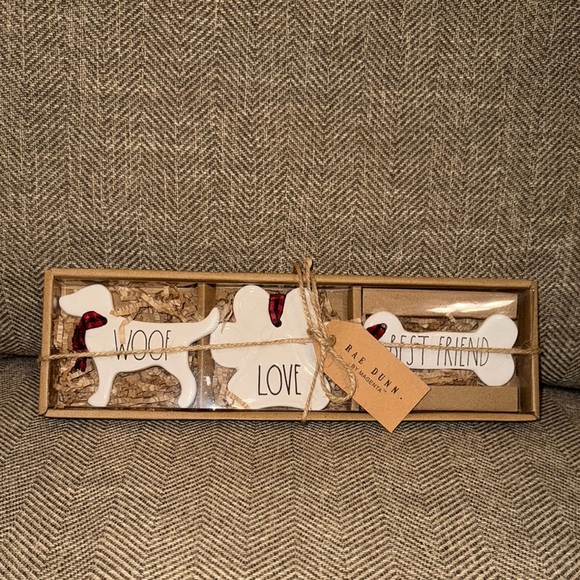 NWT Rae Dunn Dog Christmas Ceramic Ornament Set White/Red Woof/Love/Best Friend - Picture 1 of 8